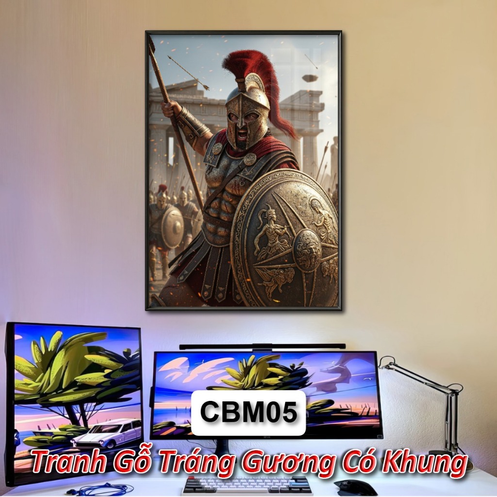 Tranh Chiến Binh Sparta 4K Tráng Gương Khung Composite Treo Tường Decor Phòng Khách Phòng Ngủ Không Gian Làm Việc
