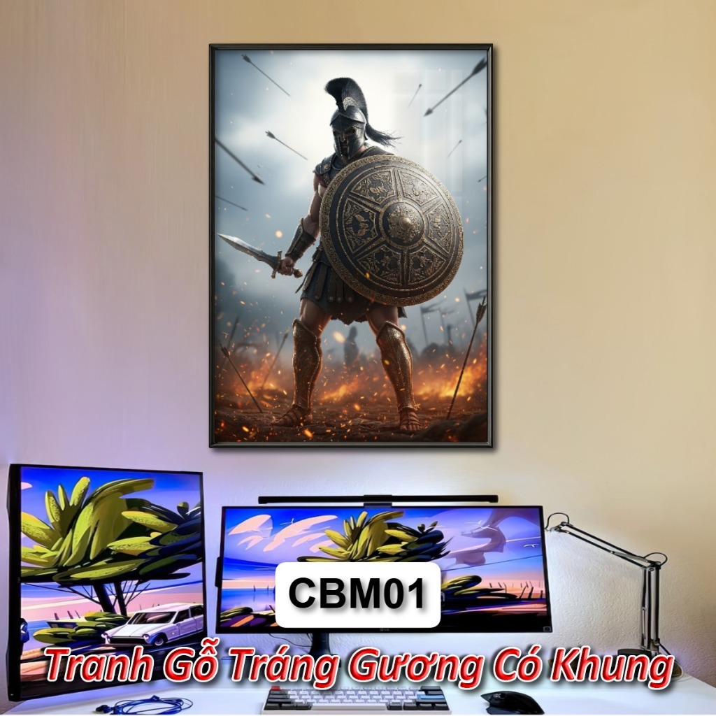 Tranh Chiến Binh Sparta 4K Tráng Gương Khung Composite Treo Tường Decor Phòng Khách Phòng Ngủ Không Gian Làm Việc