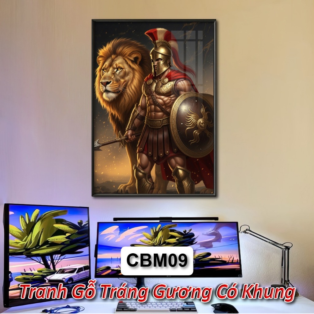Tranh Chiến Binh Sparta 4K Tráng Gương Khung Composite Treo Tường Decor Phòng Khách Phòng Ngủ Không Gian Làm Việc