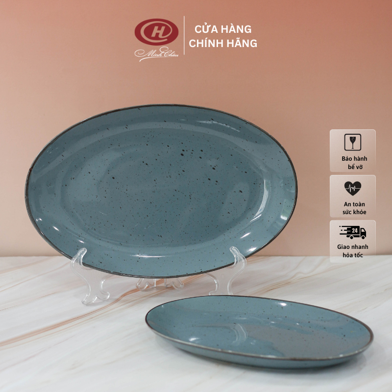 Đĩa xoài oval sứ màu xanh dương men muối tiêu kiểu Nhật - Sứ Minh Châu