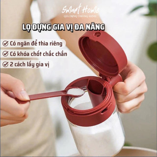Lọ Đựng Gia Vị Thuỷ Tinh Boro Chống Vỡ Cao Cấp - Hộp Đựng Gia Vị Có Thìa Để Ngăn Riêng Chống Ẩm, Nắp Kín Có Khóa