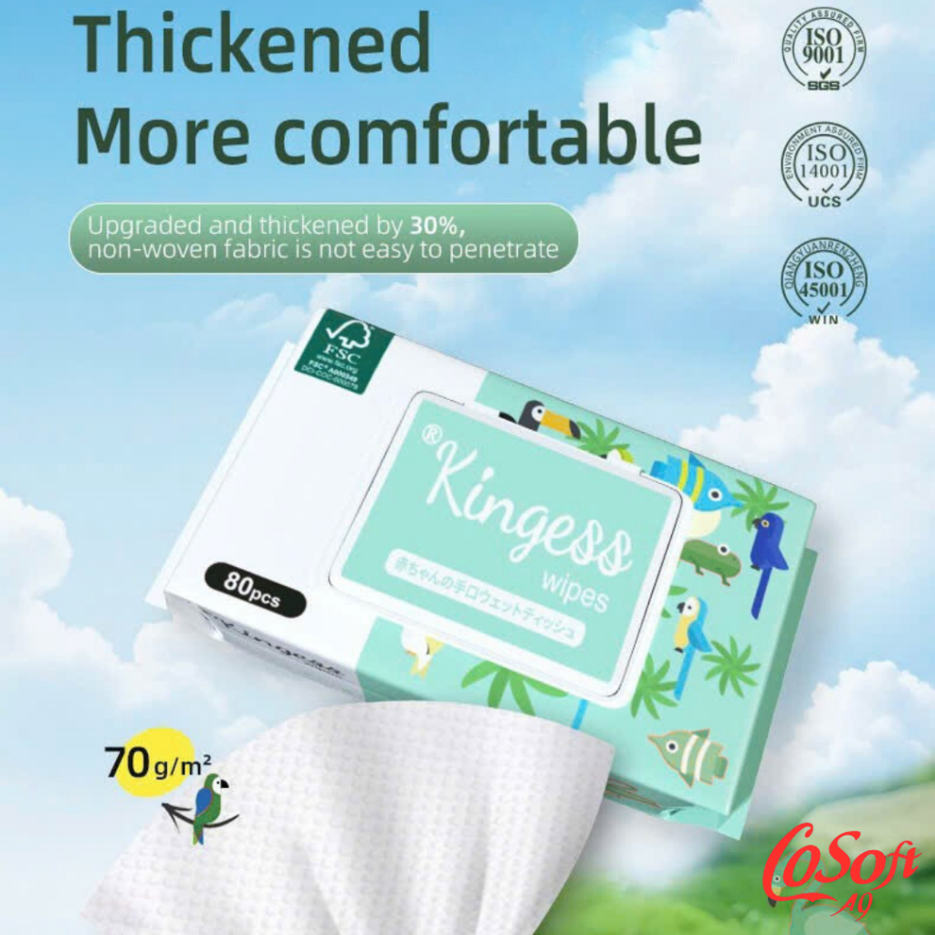 Khăn giấy ướt KINGESS cao cấp, an toàn làn da, không mùi, không parabens, 80 tờ/ gói