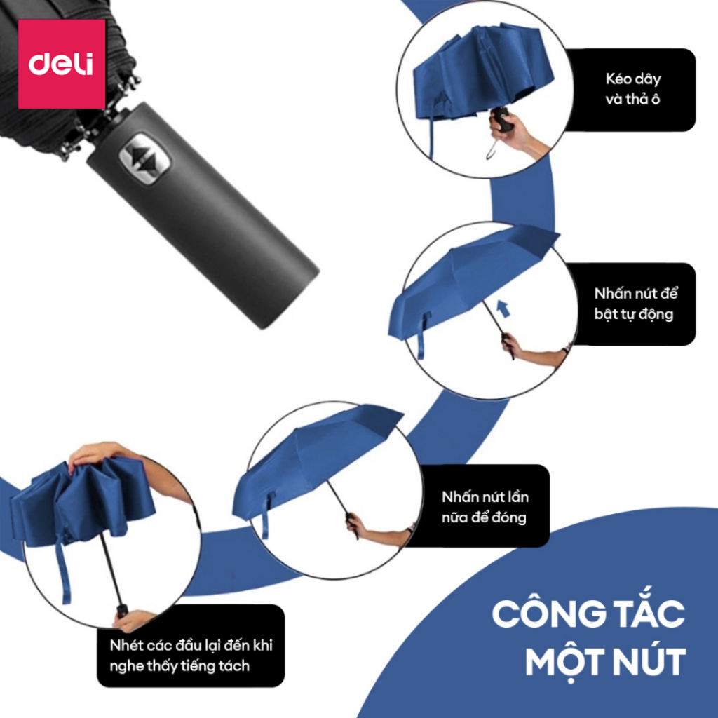 Ô Dù Gấp Gọn Deli Che Nắng Mưa Cầm Tay Tự Động Đóng Mở 2 Chiều Chống Tia UV Chất Liệu Dày Dặn Chống Thấm