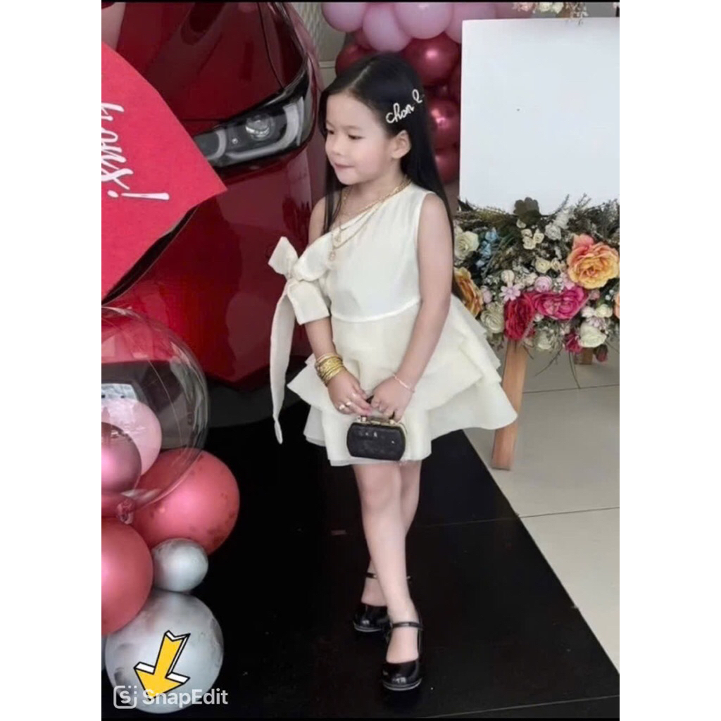 Váy lệch vai cột nơ 3 tầng xoè công chúa sang trọng mẹ và bé gái 12-55kg , Váy đi tiệc , Váy đi chơi