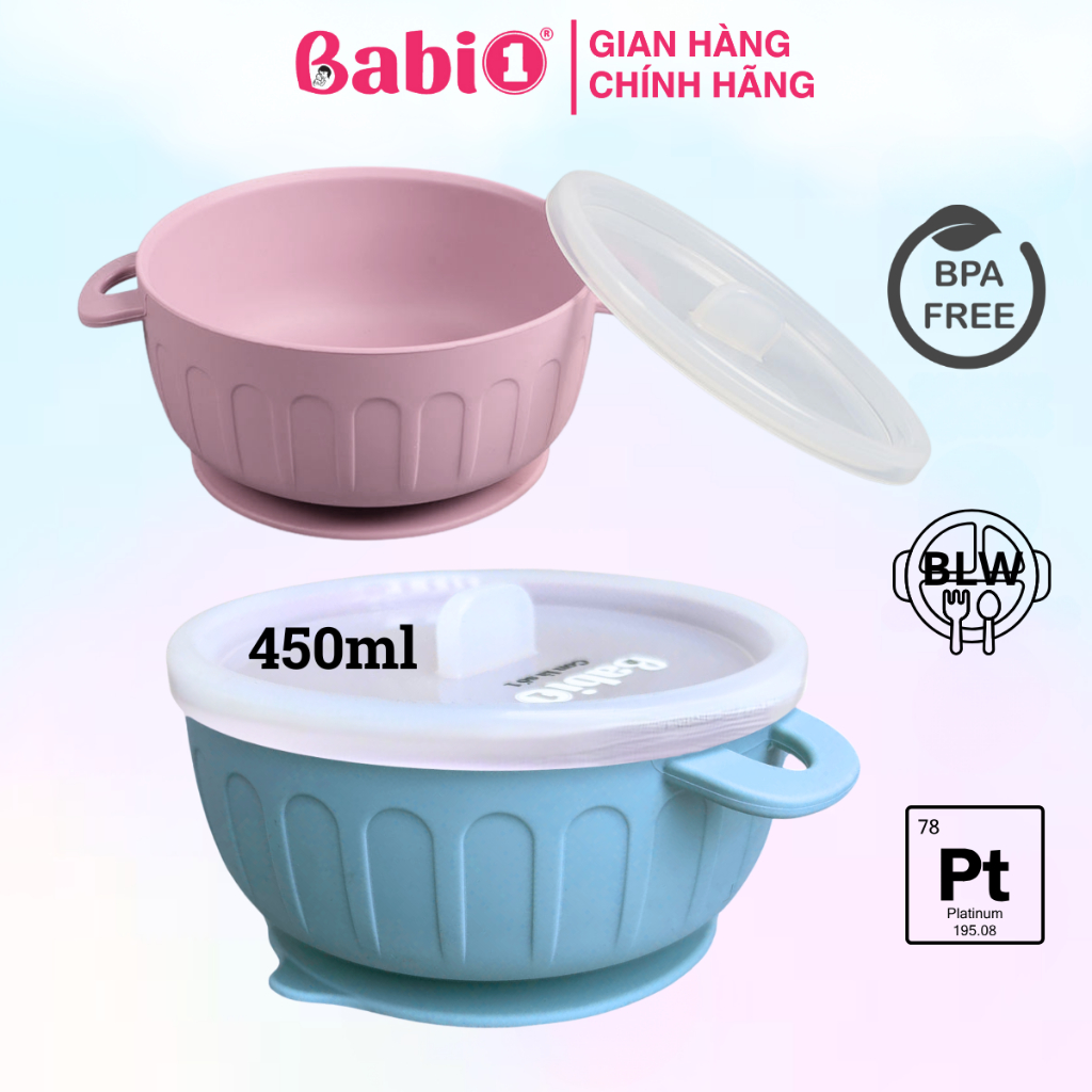 Bát Ăn Dặm Silicon Babi 1 Có Đế Hít Chống Đổ Dung Tích 450ml Kèm Nắp
