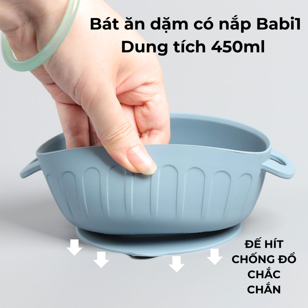 Bát Ăn Dặm Silicon Babi 1 Có Đế Hít Chống Đổ Dung Tích 450ml Kèm Nắp
