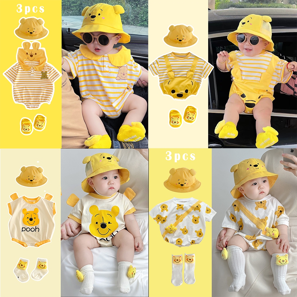 Bộ đồ một mảnh 3 mảnh Disney dành cho bé trai sơ sinh mùa hè ngắn tay cotton thời trang Winnie the Pooh phù hợp cho 0-24