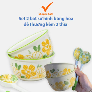 Set 2 bát sứ hình bông hoa dễ thương kèm 2 thìa – chén ăn cơm xinh xắn cho bé yêu thích ăn uống