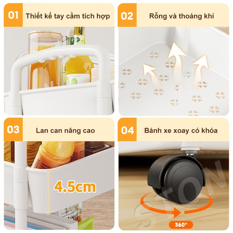 STON Xe Đẩy Sức chứa lớn Kệ đựng có bánh xe Kệ xe đẩy Đựng Đồ Đa Năng có tay vịn Kệ nhựa phòng tắm Xe Đẩy Spa 25cm