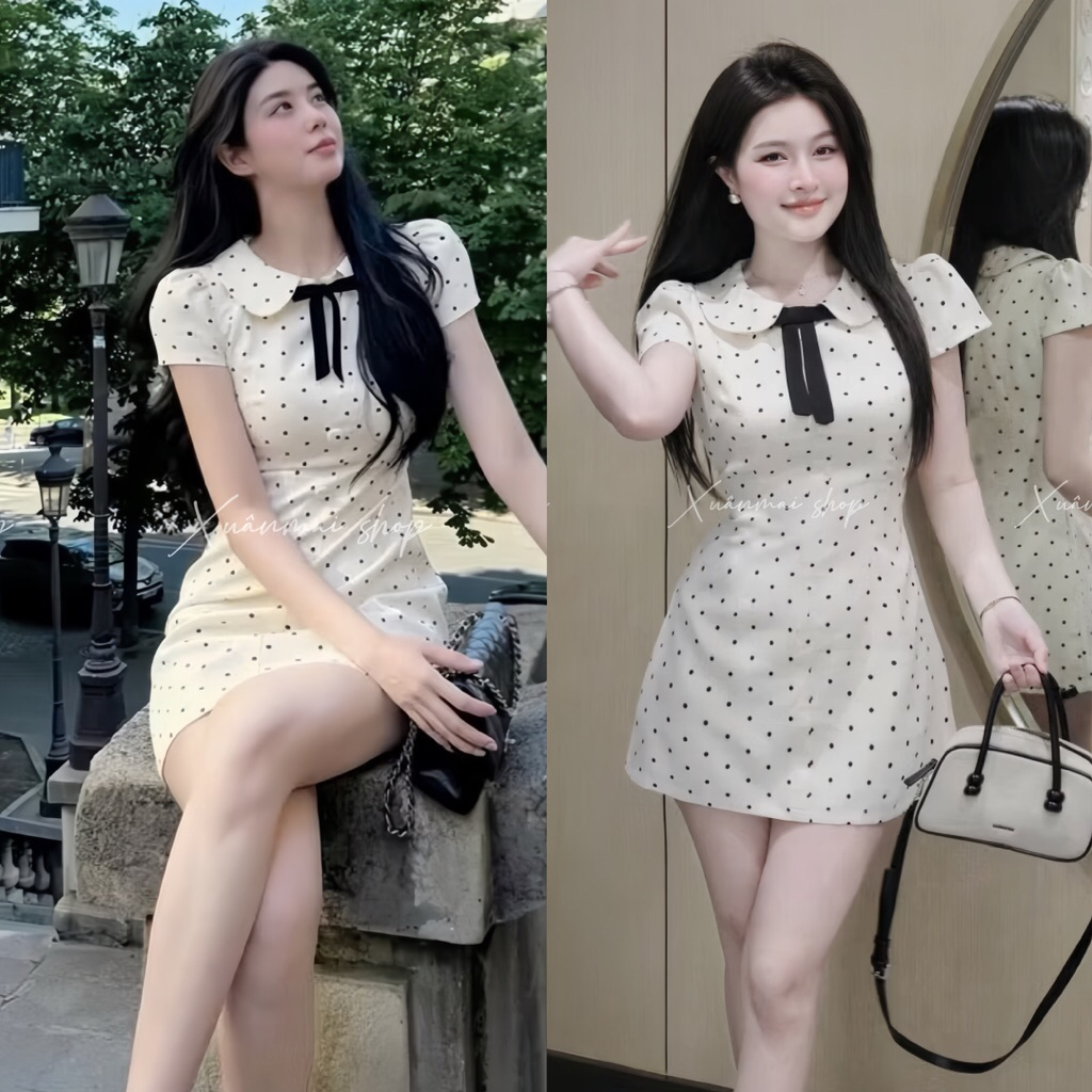 Xuanmaishop [Dài -Ngắn] Đầm TIỂU THƯ chấm bi tăm lạnh co giãn cổ sen nơ đen