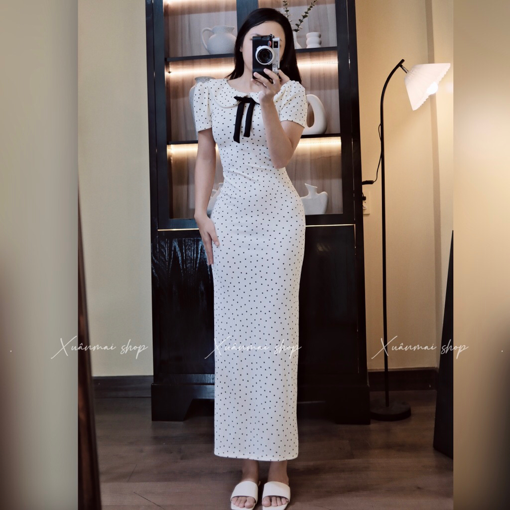Xuanmaishop [Dài -Ngắn] Đầm TIỂU THƯ chấm bi tăm lạnh co giãn cổ sen nơ đen