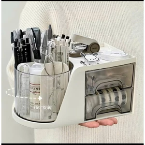Hộp đựng bút, đồ makeup để bàn xoay 360 có ngăn kéo đa năng decor bàn học