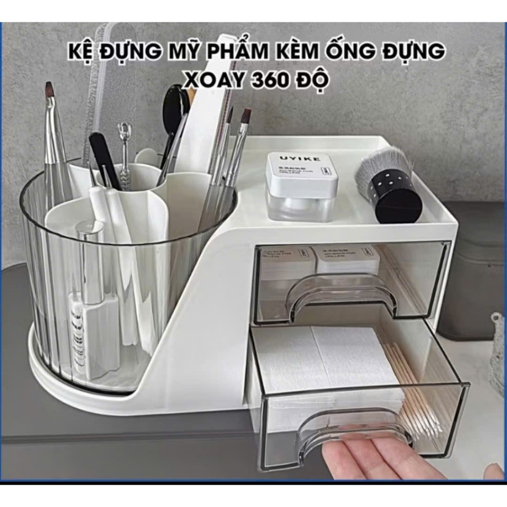 Hộp đựng bút, đồ makeup để bàn xoay 360 có ngăn kéo đa năng decor bàn học