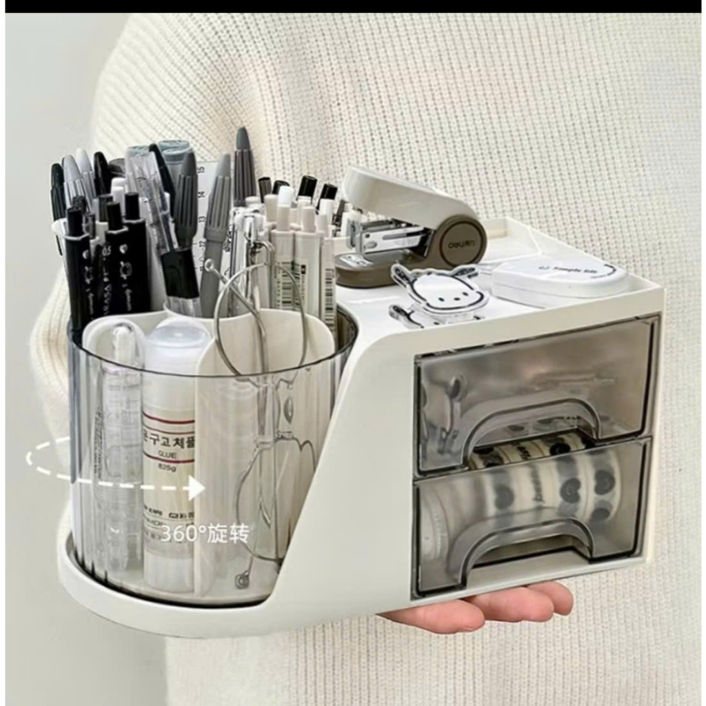 Hộp đựng bút, đồ makeup để bàn xoay 360 có ngăn kéo đa năng decor bàn học