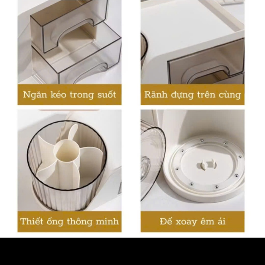 Hộp đựng bút, đồ makeup để bàn xoay 360 có ngăn kéo đa năng decor bàn học