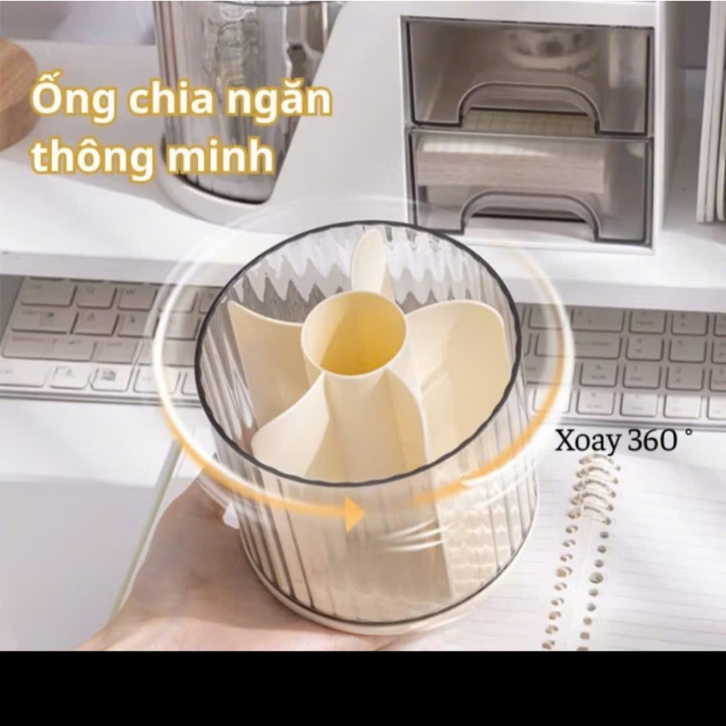 Hộp đựng bút, đồ makeup để bàn xoay 360 có ngăn kéo đa năng decor bàn học
