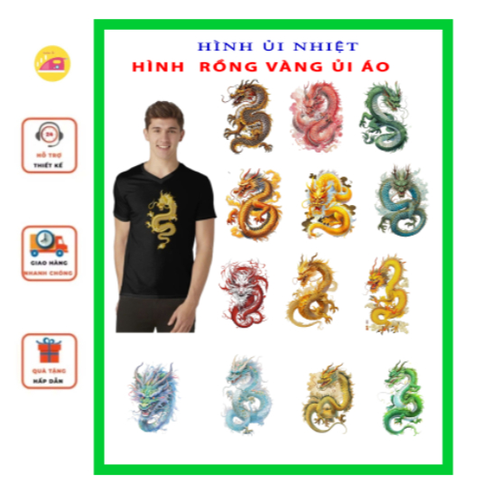 [Hình ủi nhiệt] PANT ART RỒNG VÀNG may mắn ủi áo tại nhà bằng bàn ủi bàn là, Sticker 3d