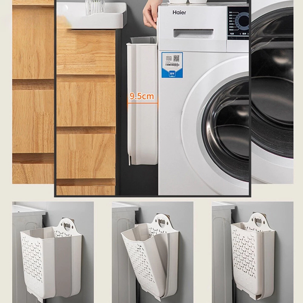 Giỏ đựng quần áo nhà tắm thiết kế tay cầm treo tường có thể gấp gọn chất liệu nhựa dẻo TPR kèm miếng dán AMIZIN
