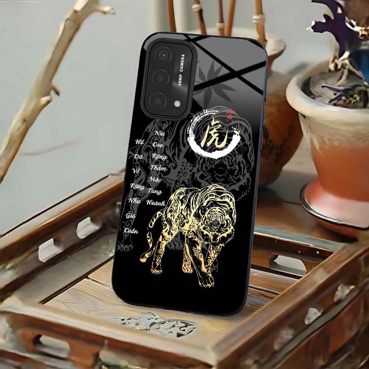 Ốp Lưng Cho OPPO A54, A55, A74, A94, A95 4G Mặt Lưng Kính Cường Lực 12 Con Giáp Thư Pháp