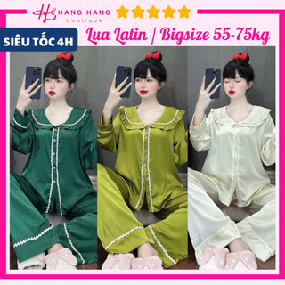 Đồ ngủ nữ bigsize 55-75kg, pijama dài tay cổ bèo viền zz lụa latin mịn mát 75DD33, đồ bộ nữ đồ mặc nhà tiểu thư trơn