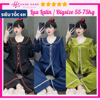 Đồ ngủ nữ bigsize 55-75kg, pijama dài tay cổ bèo viền zz lụa latin mịn mát 75DD33, đồ bộ nữ đồ mặc nhà tiểu thư trơn