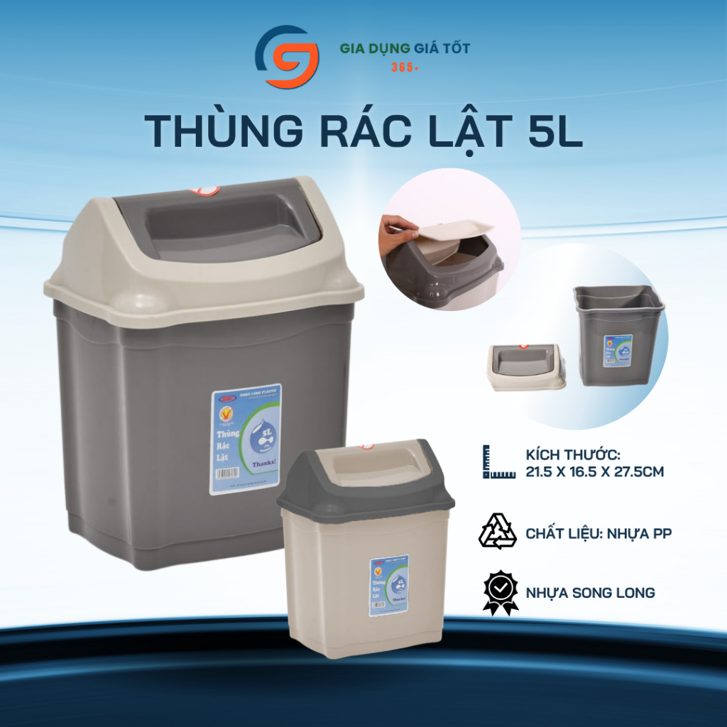 Thùng rác lật 5L Song Long, xô rác nhựa có nắp cho bàn làm việc, nhà vệ sinh, văn phòng
