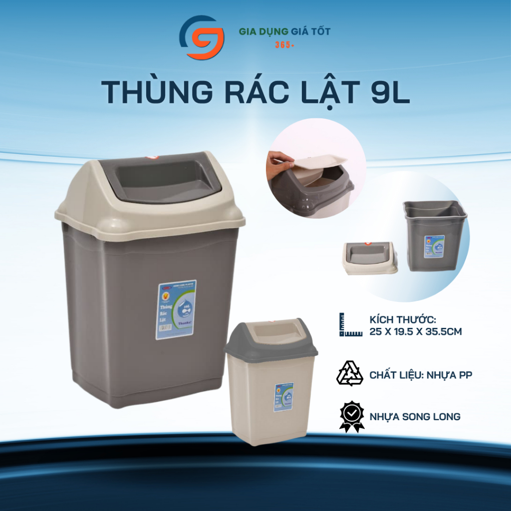 Thùng rác lật 9L Song Long - xô rác nhựa cao cấp có nắp đẩy cho phòng tắm, nhà bếp, văn phòng