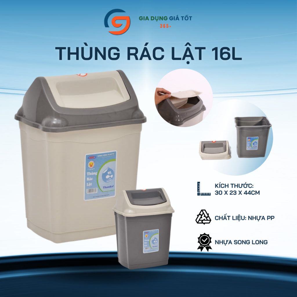 Thùng rác lật 16L Song Long - thùng đựng rác nhựa PP dày, dùng nhà vệ sinh, gầm bàn, văn phòng