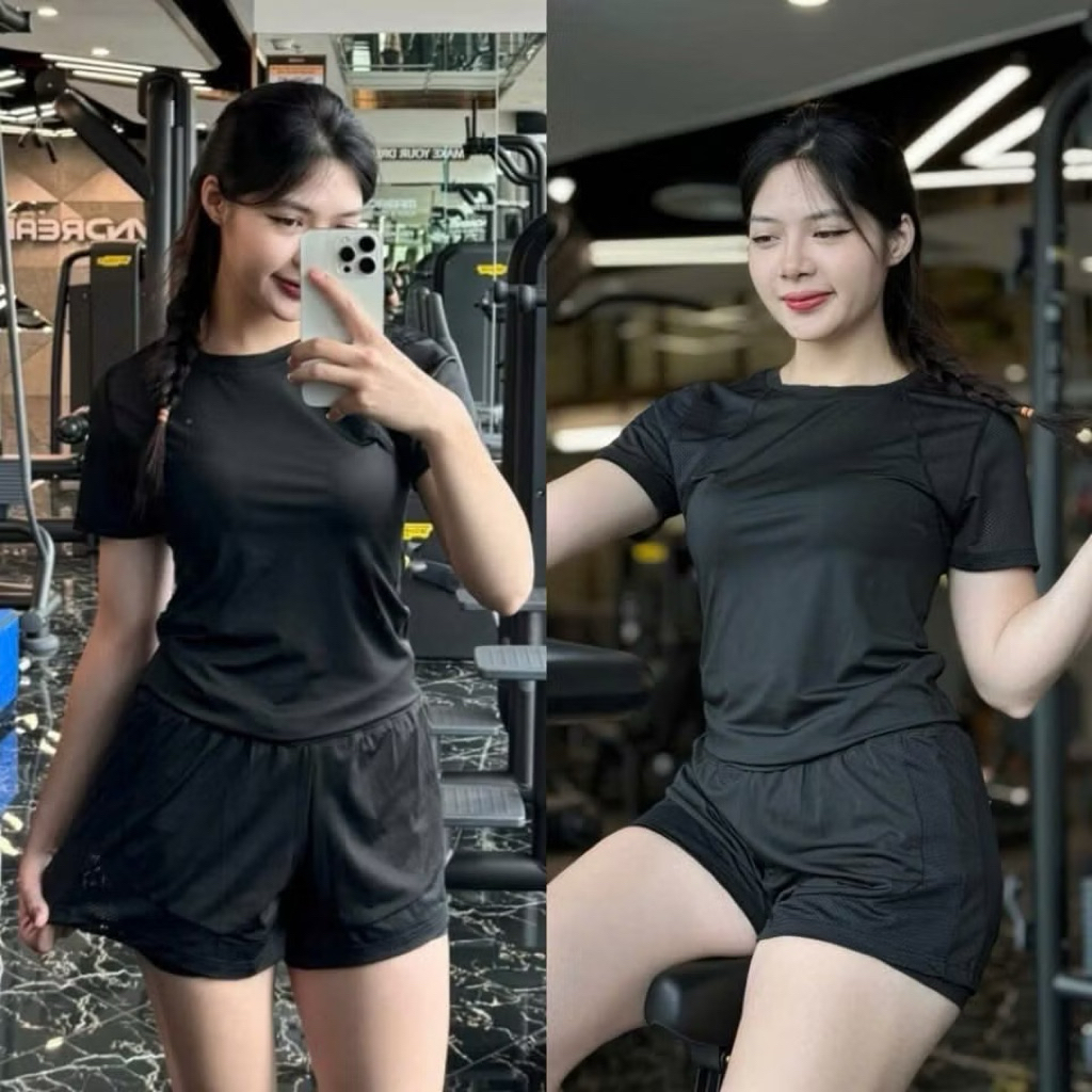 Bộ Quần Áo Tập Gym Yoga Erobic Chạy Bộ Đạp Xe Nữ, Bộ Thể Thao Nữ Áo Phủ Bụng Phối Lưới Quần Đùi 2 Lớp Có Túi(NG10)