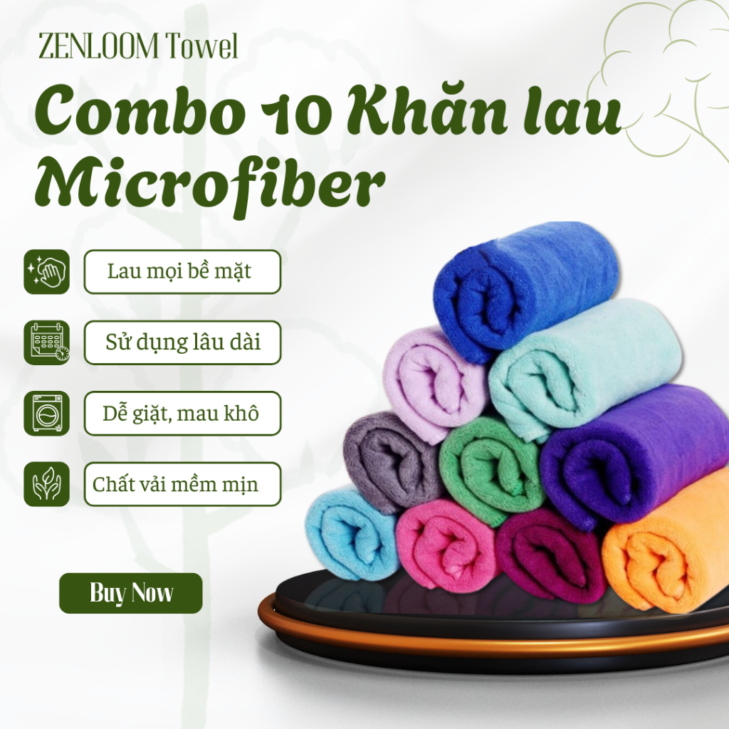 Combo 10 Khăn lau microfiber đa năng – lau xe ô tô, nhà bếp, kính, tay – spa không rụng lông, siêu thấm