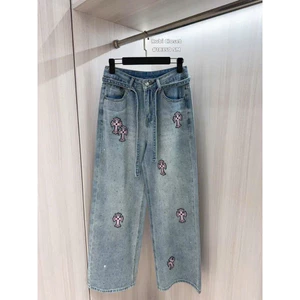 Quần jeans suông chrome hearts kèm dây đính đá