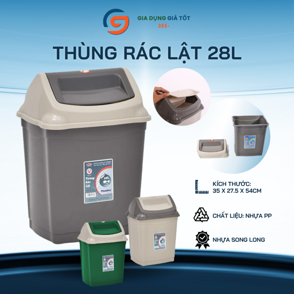 Thùng đựng rác 28L Song Long, thùng rác lật có nắp chắc chắn dùng cho nhà ở, công ty, văn phòng