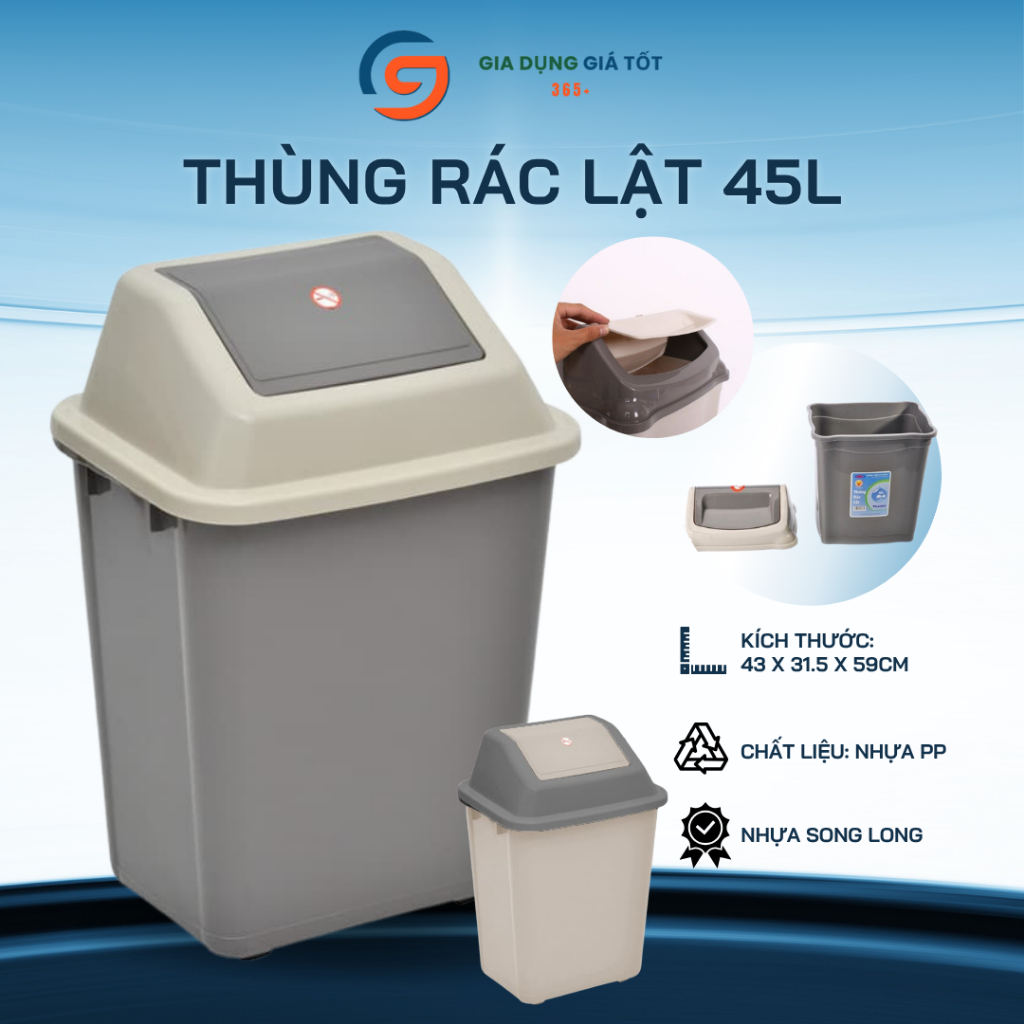 Thùng đựng rác 45L Song Long có nắp, thùng rác dung tích lớn đựng rác gia đình, văn phòng, quán ăn