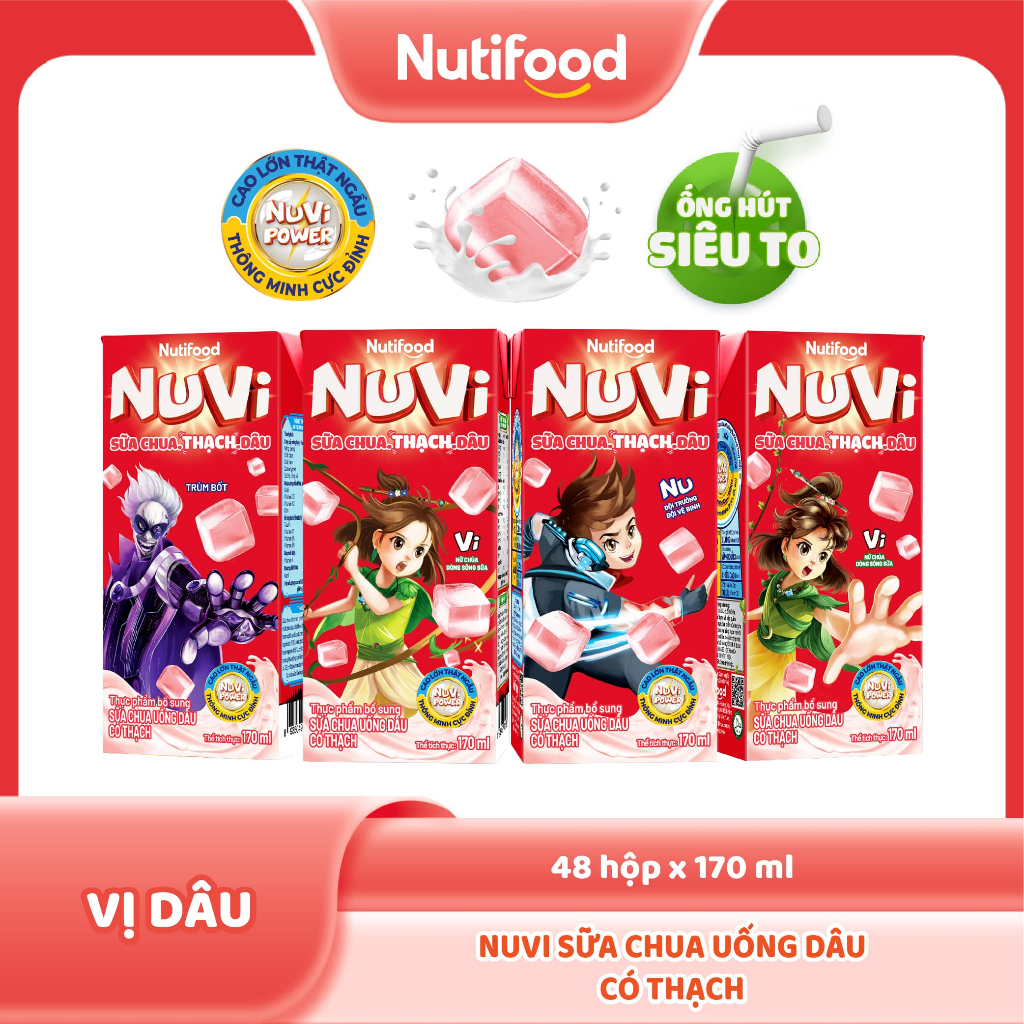 Thùng 48 Hộp Sữa Chua Uống Có Thạch NuVi Vị Dâu 170ml