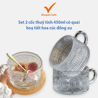 Set 2 cốc thuỷ tinh 450ml có quai hoạ tiết hoa cúc đồng xu sang trọng, dễ thương