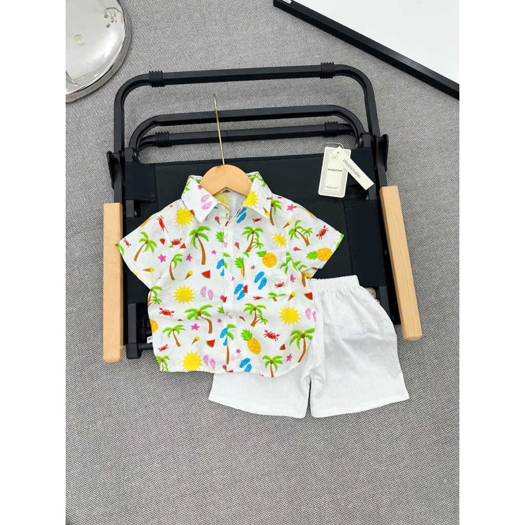 THANH LÝ Sét bộ đũi Cây dừa,con vật,cây cọ,chất đũi mềm mại thoáng mát cho bé đi biển,đi học đi chơi,hai màu size 8-28kg