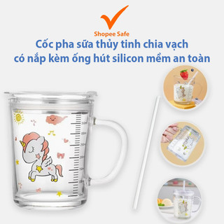 Cốc pha sữa thủy tinh chia vạch có nắp kèm ống hút silicon mềm an toàn cho bé