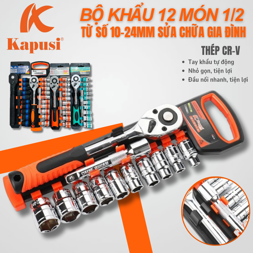Bộ khẩu 12 món loại lớn 1/2 từ số 10-24mm cao cấp sửa chữa gia đình thương hiệu Kirito và Kamos