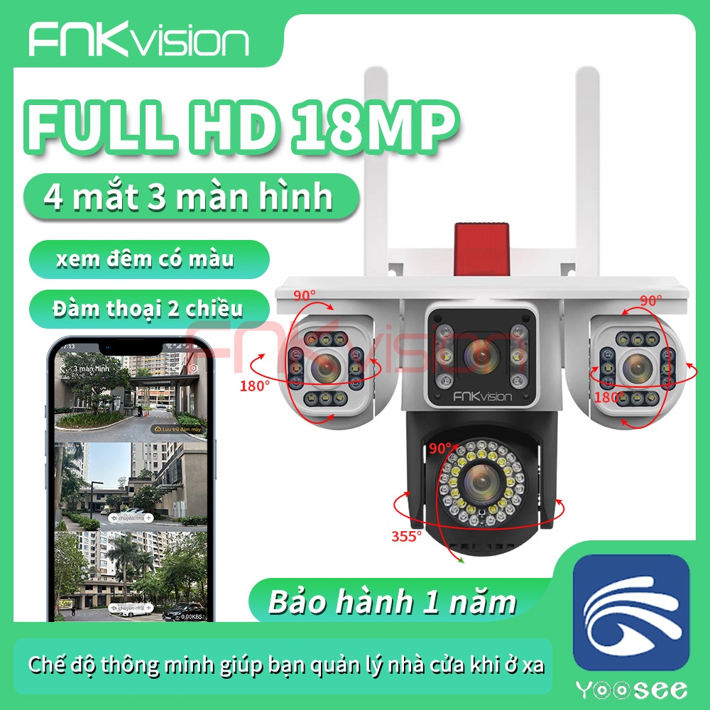 [Fnkvision] Camera YOOSEE Ngoài Trời 4 mắt (Xoay Được 3 Mắt) 3 Màn Hình Độ Phân Giải 18MP Tích Hợp 56 LED Nét OK