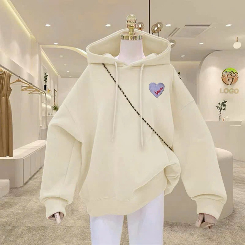 Hoodie tim ngực be