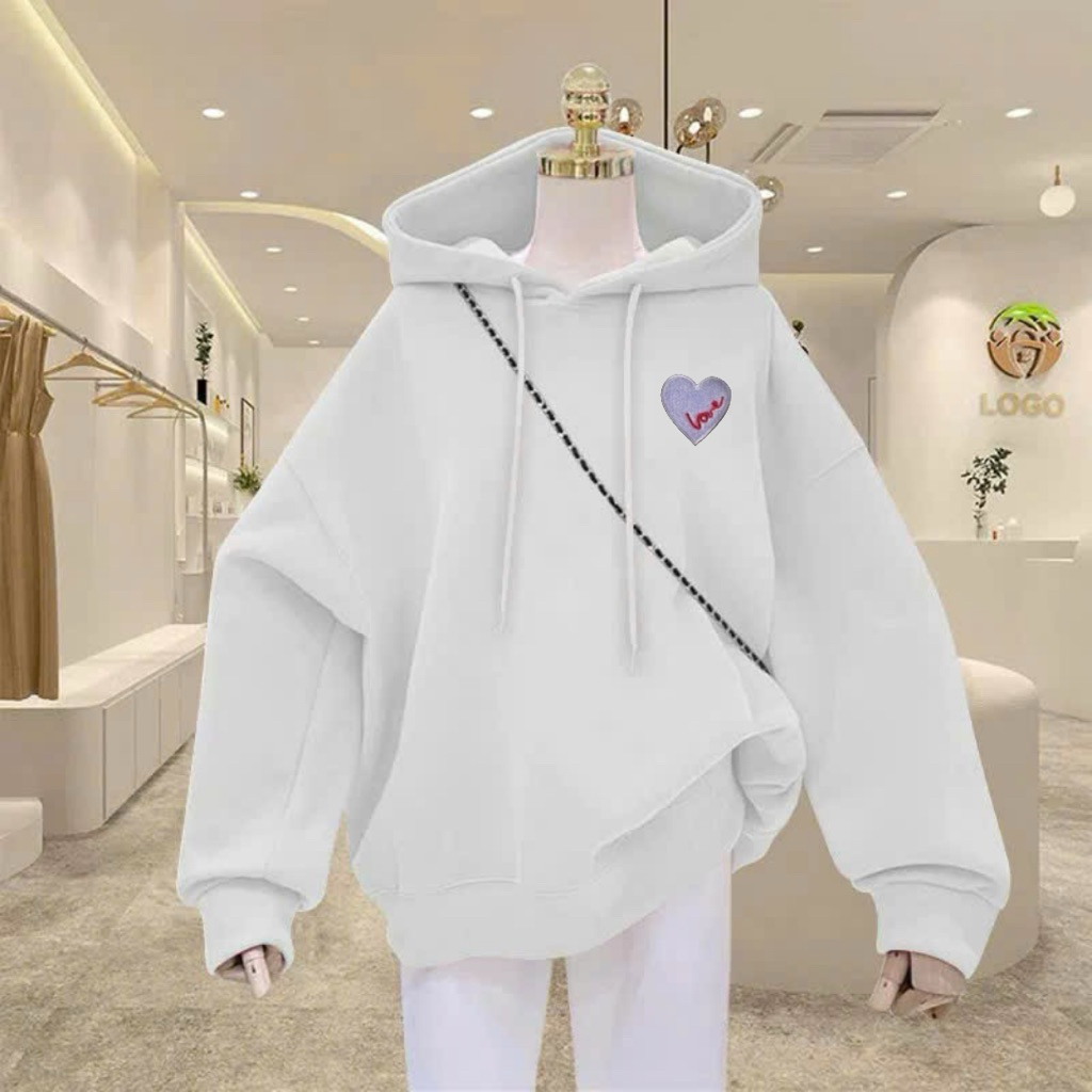 Hoodie tim ngực Trắg