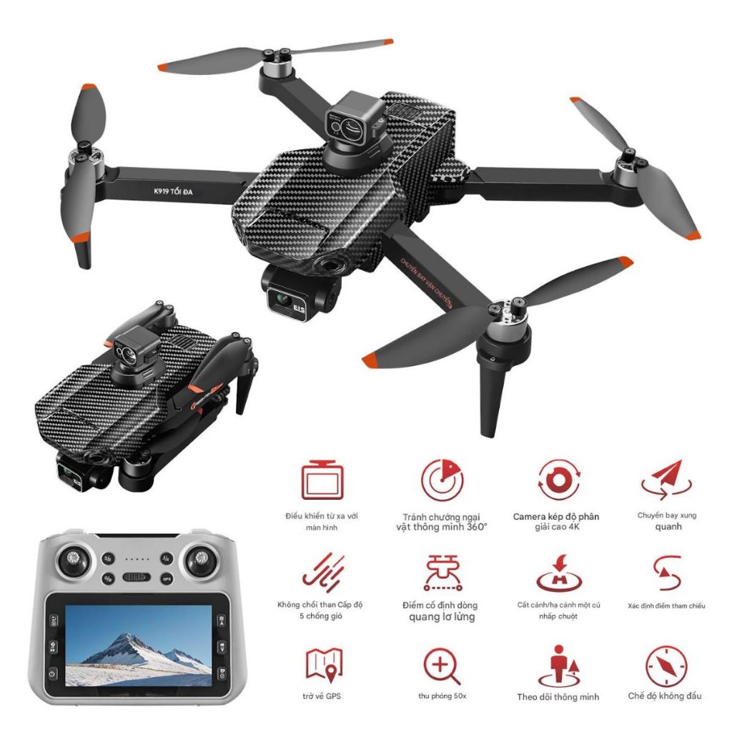 Máy bay điều khiển từ xa K919 Pro Max, Flycam mini Gimbal Chống Rung 3 trục 4K, Flaycam giá rẻ GPS
