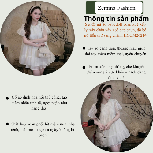 Set đồ nữ áo babydoll voan xoè xếp ly mix chân váy xoè cạp chun, đồ bộ nữ tiểu thư sang chảnh HCOM26214