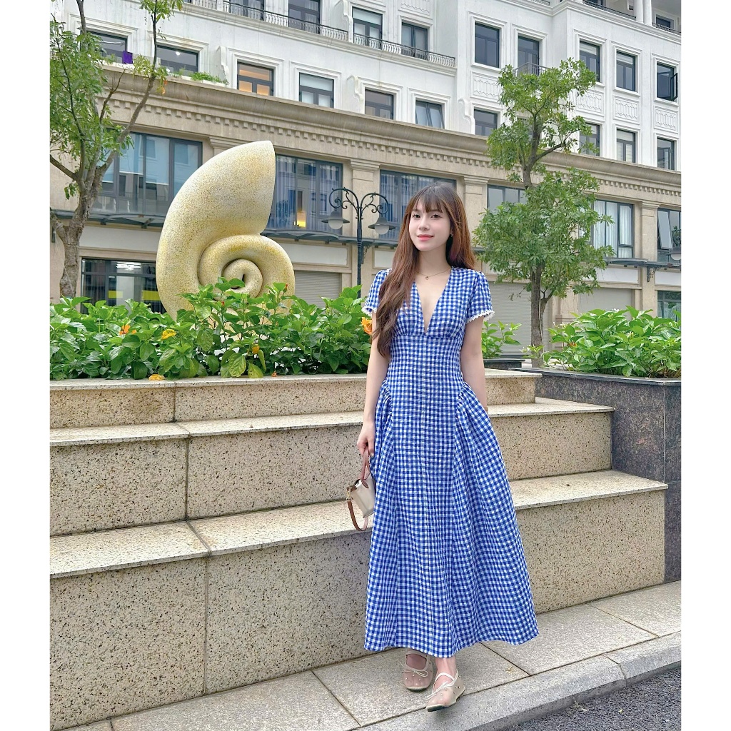 Váy maxi Chililuu caro xanh cổ V tay ngắn phong cách tiểu thư thanh lịch