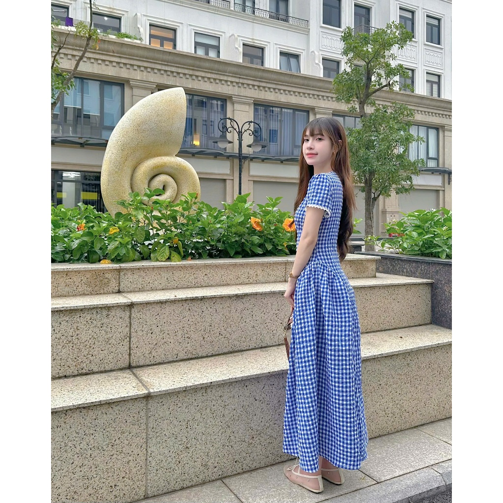 Váy maxi Chililuu caro xanh cổ V tay ngắn phong cách tiểu thư thanh lịch