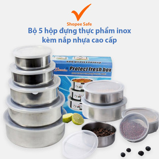 Bộ 5 hộp đựng thực phẩm inox kèm nắp nhựa cao cấp, thố lạnh bảo quản tiện lợi