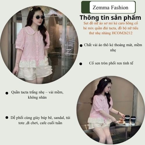Set đồ nữ áo sơ mi kẻ caro hồng cổ bẻ mix quần đùi tacta, đồ bộ nữ tiểu thư nhẹ nhàng HCOM26212