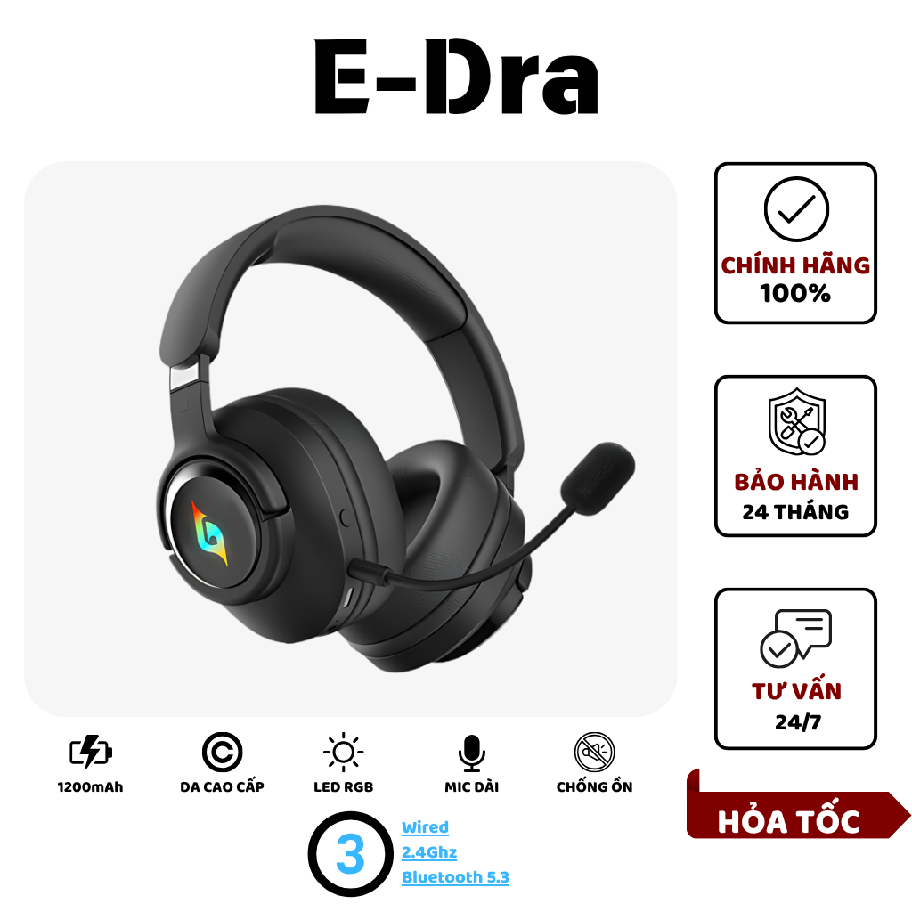 Tai nghe chụp tai EDRA EH496w, Heatphone 3 mode (Wired/2.4Ghz/Bluetooth ...