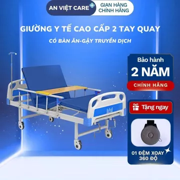 Giường bệnh 2 tay quay cao cấp có bàn ăn & truyền dịch, tặng đệm xoay