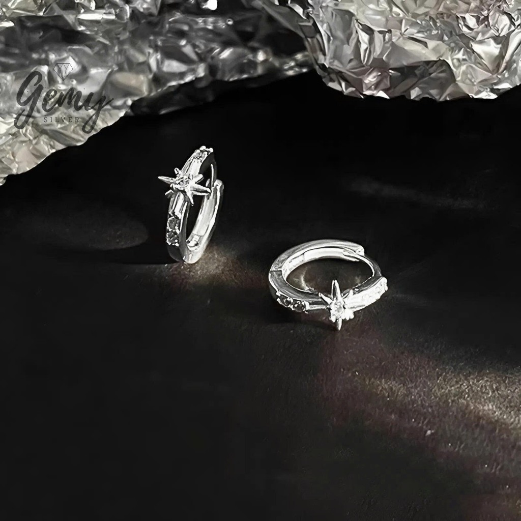 Khuyên tai nam thanh thẳng bạc S925 Starlight 2 mặt khuyên thiết kế ngôi sao cực chất KN150 (1 chiếc) | GEMY SILVER